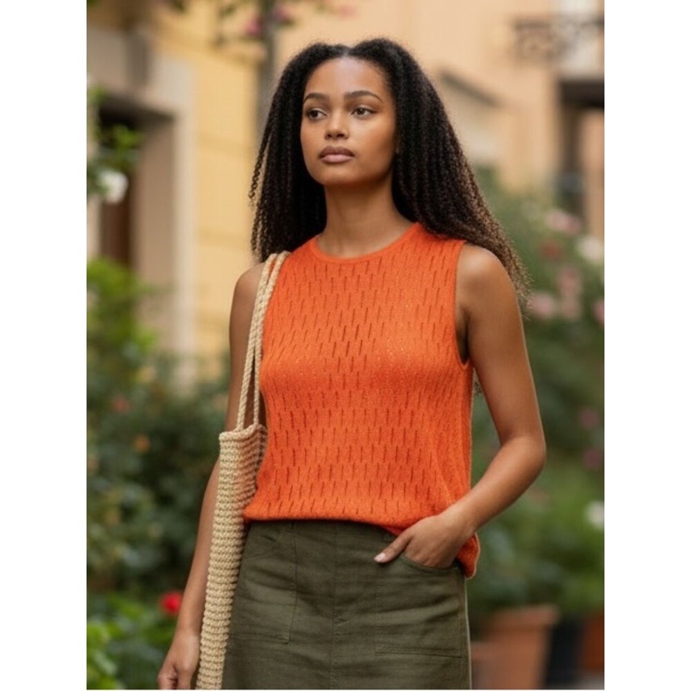 Griffith Gray St. John Orange Sleeveless Pointelle Knit Tank Top M
